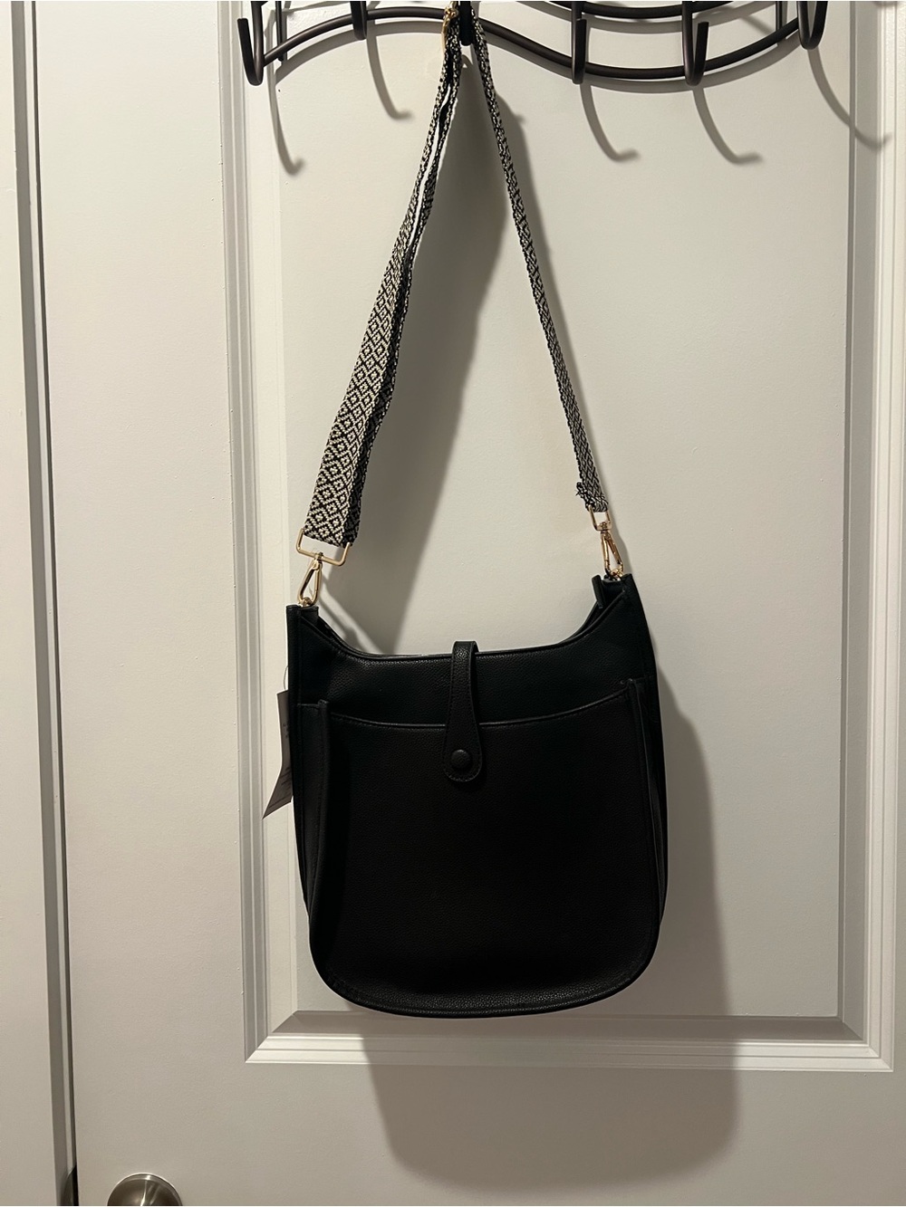 Black Crossbody Shoulder Bag with Patterned Strap